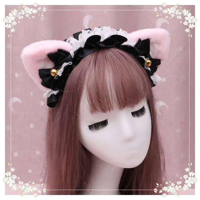 Lolita hair ornament Plush cat ear Lolita headdress lace Ribbon Headband 32 Colour - Shop at LoveMi