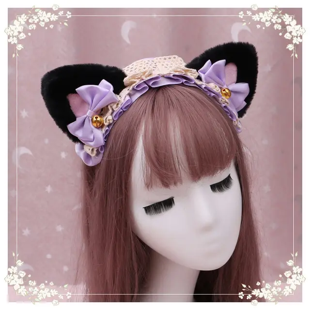 Lolita hair ornament Plush cat ear Lolita headdress lace Ribbon Headband 44 Colour - Shop at LoveMi
