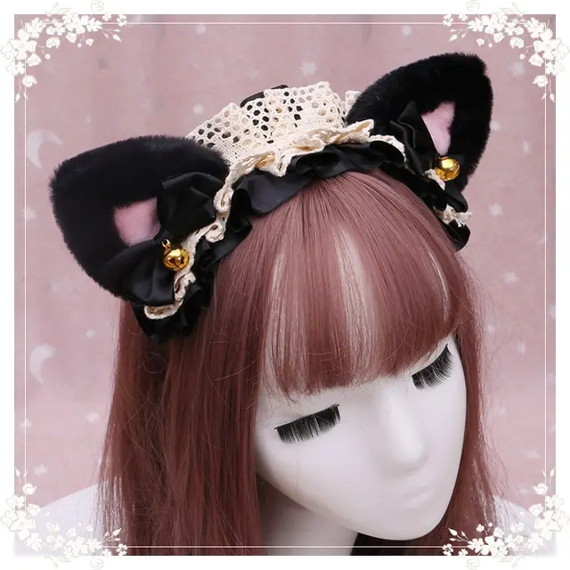 Lolita hair ornament Plush cat ear Lolita headdress lace Ribbon Headband 9 Colour - Shop at LoveMi