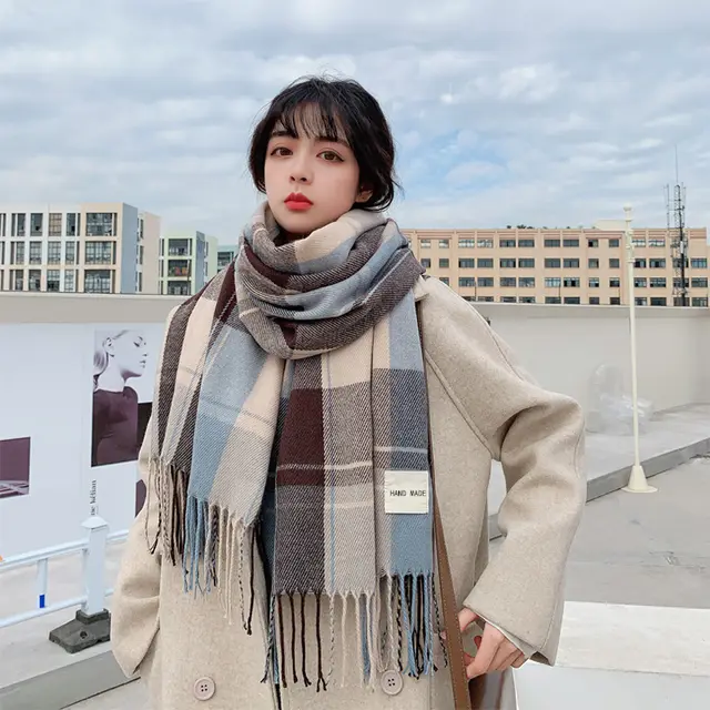 Scarf Female Winter Korean Version of The Wild British Classic Blue - Shop at LoveMi