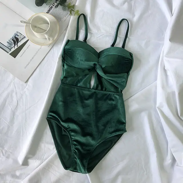 Siamese Small Breasts Gather Gold Velvet Swimming Green - Shop at LoveMi