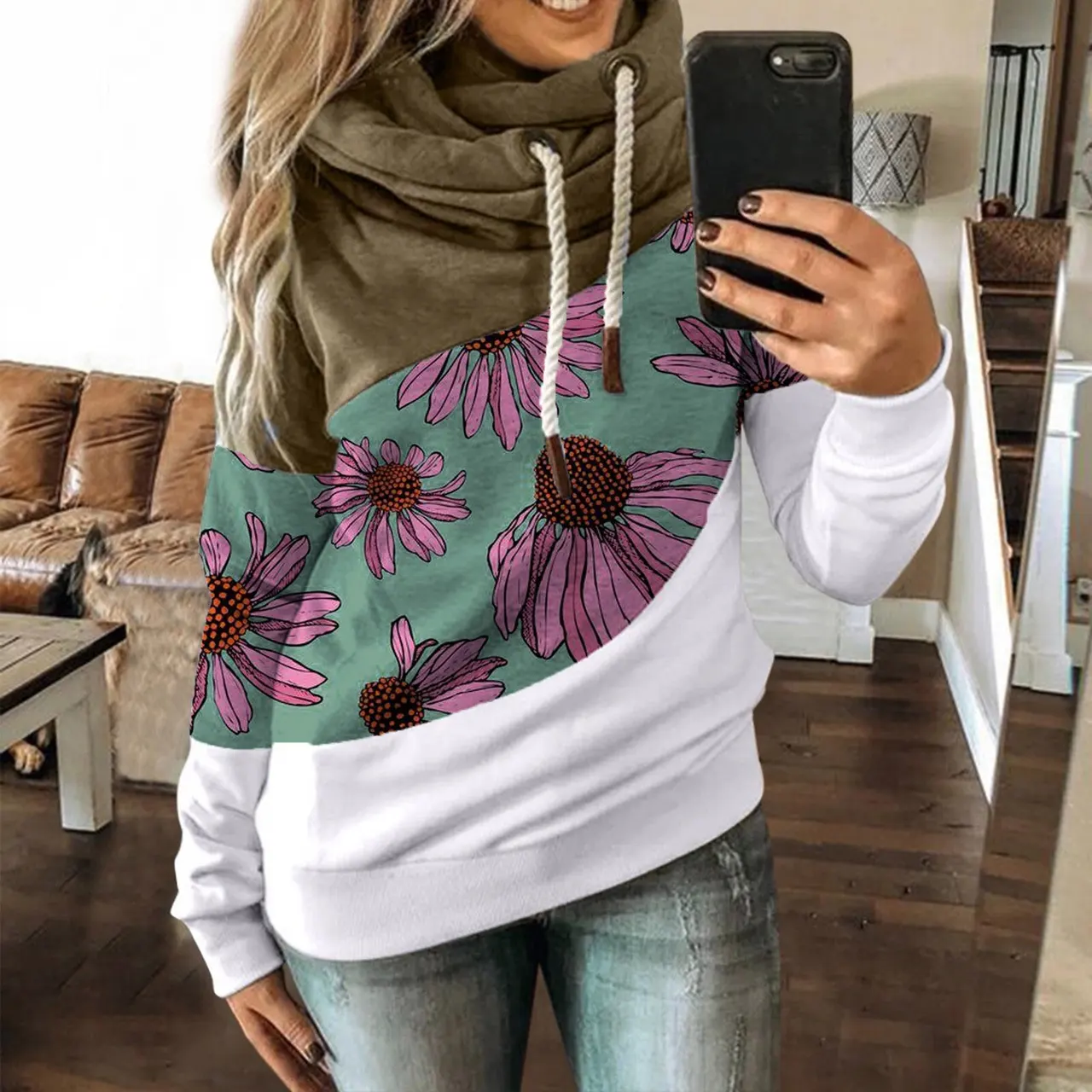 Ladies Stitching Contrast Drawstring Fleece Sweater - Army Green