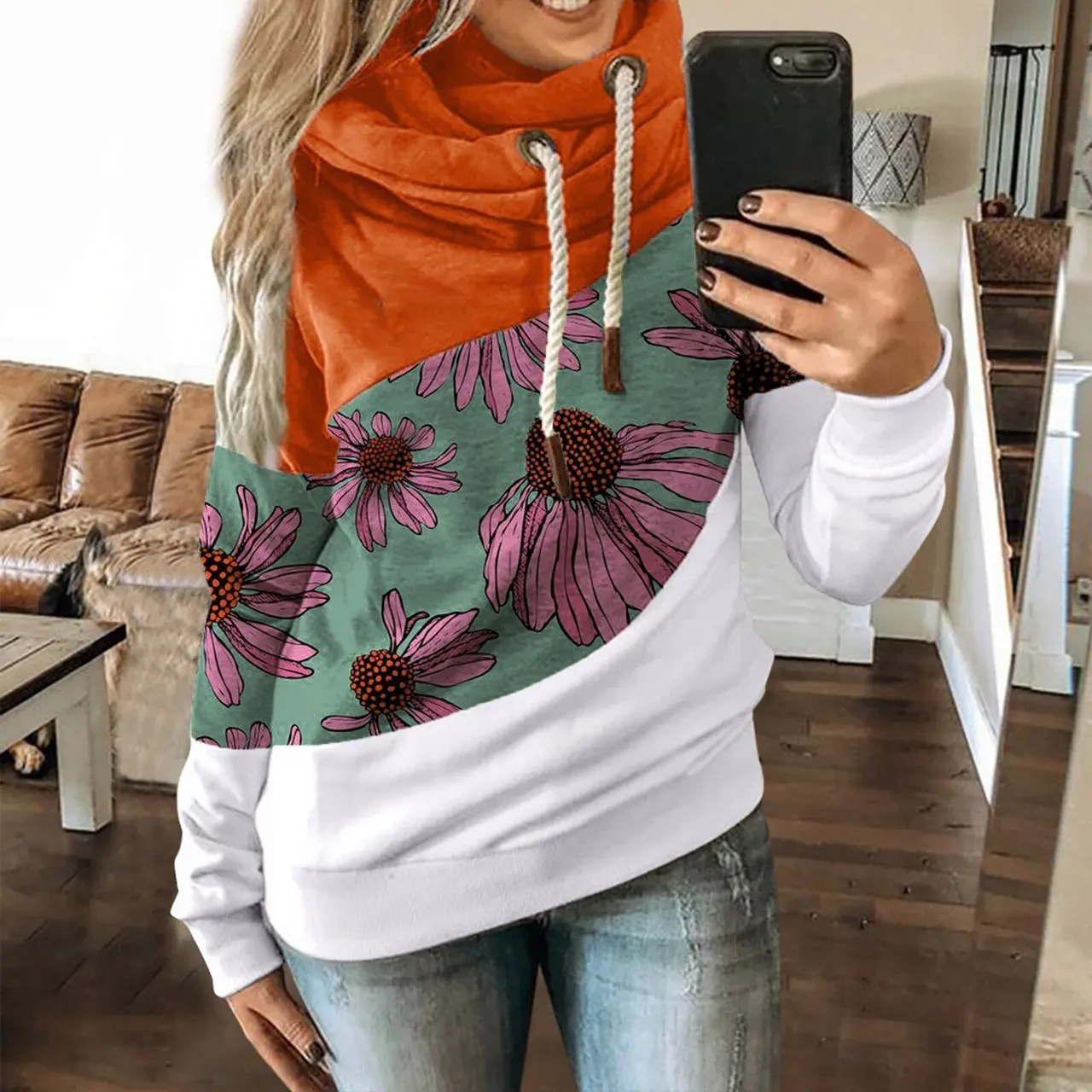 Ladies Stitching Contrast Drawstring Fleece Sweater - Orange
