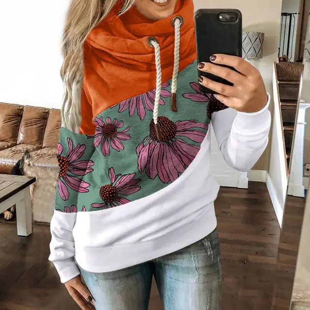 Ladies Stitching Contrast Drawstring Fleece Sweater Orange - Shop at LoveMi