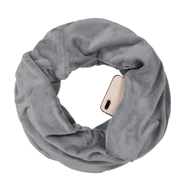 Soft Plush Warm Scarf Unlimited Zipper Travel Pocket Bib Grey - Shop at LoveMi