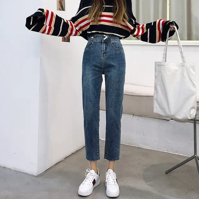 Straight loose high waist slim pants Blue - Shop at LoveMi