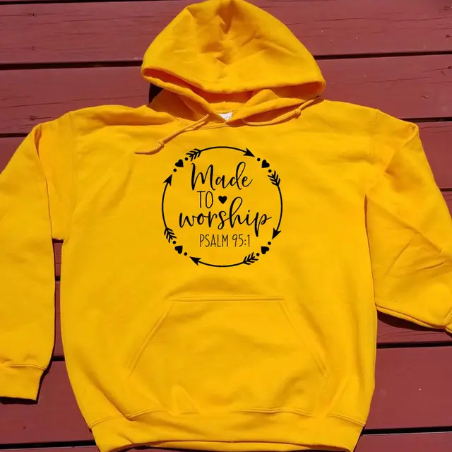 New Made To Worship Letter Casual Hooded Sweater Yellow Black - Shop at LoveMi