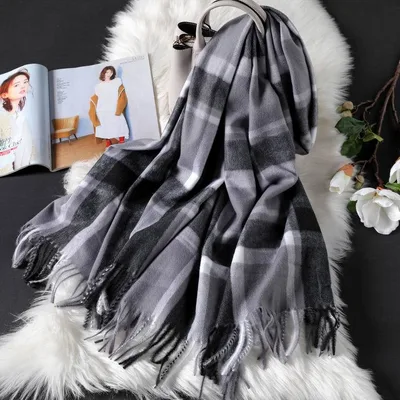 Long tassel double sided cashmere shawl 5 Vertical Grid - Shop at LoveMi