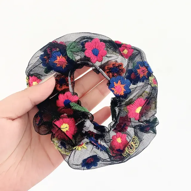 Super Fairy Embroidery Flower Mesh Hair Tie Black - Shop at LoveMi