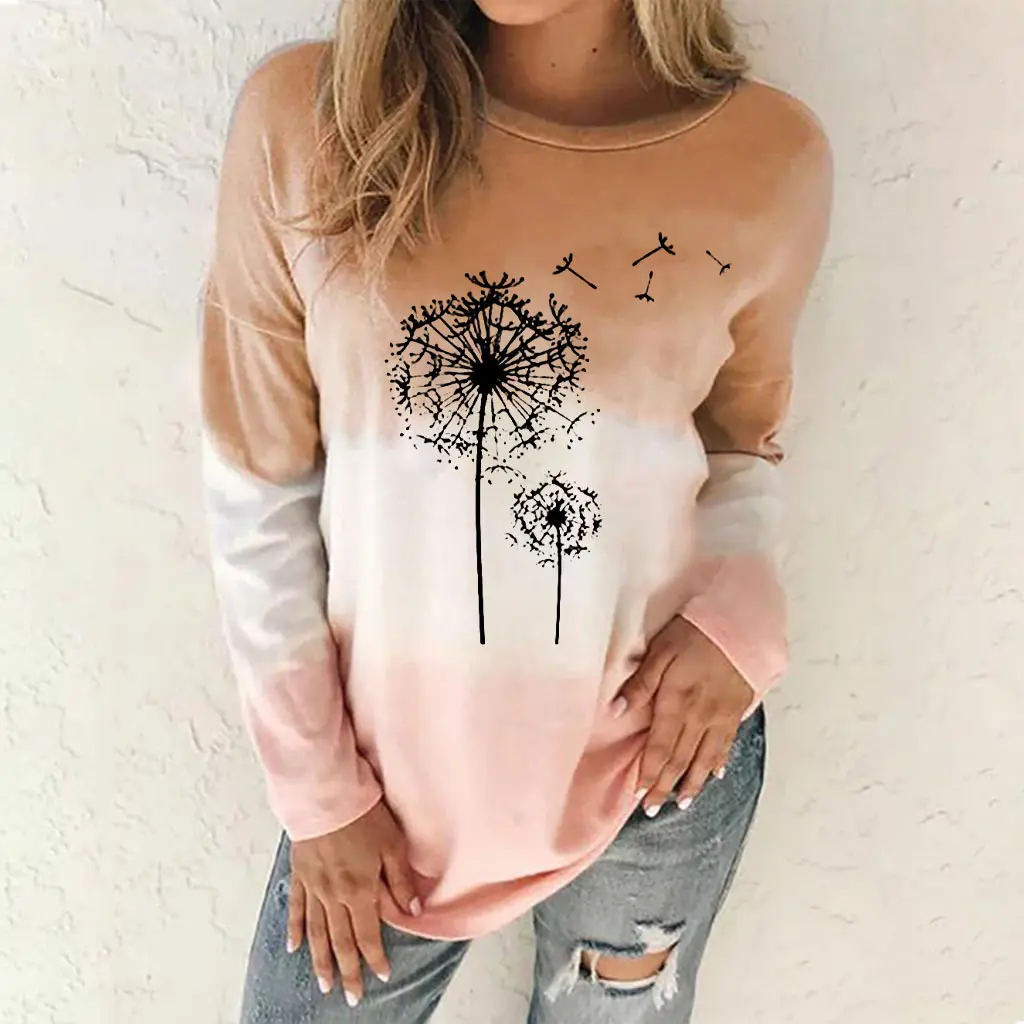 Tie-Dye Gradient Dandelion Print Women's Round Neck Long Sleeve Top - Khaki