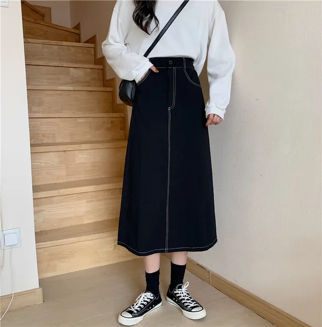 High Waist Slim Mid length A line Skirt Women Autumn Clothes Black - Shop at LoveMi