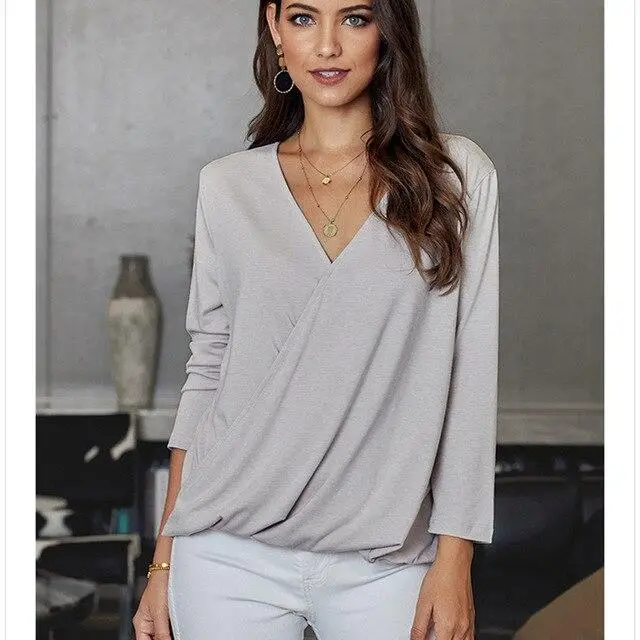 Women's Solid Color V neck Pleated Three quarter Sleeves Light Grey - Shop at LoveMi