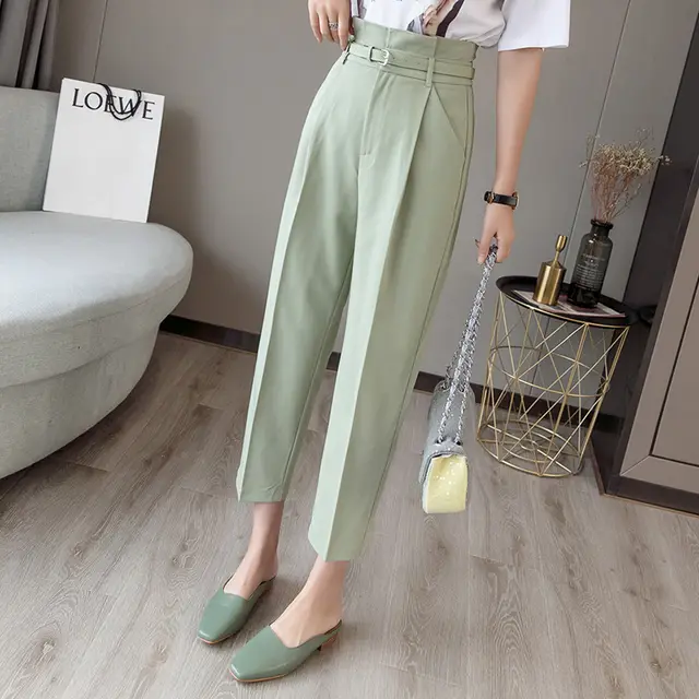 Flower Bud High Waist Cropped Feet Pants Light Green - Shop at LoveMi