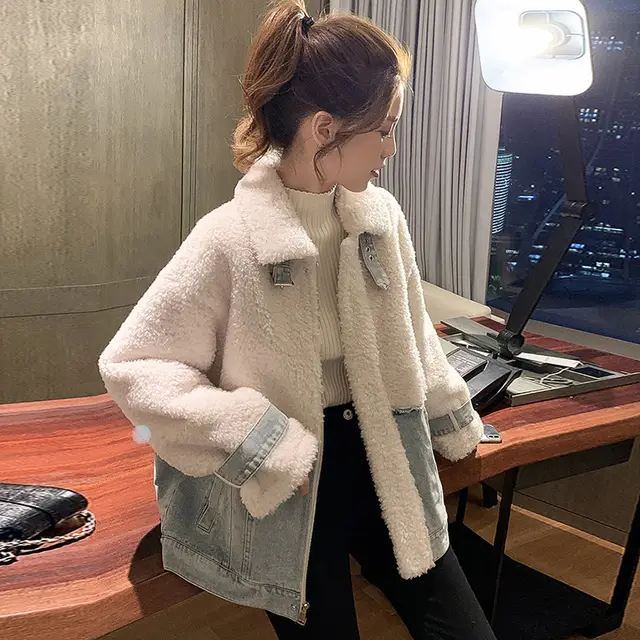 Denim Lapel Lamb Wool Splicing Coat For Women Off White - Shop at LoveMi
