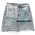 Denim High Waist Heavy Industry Rhinestone Fringed A-Line Skirt - Light Blue