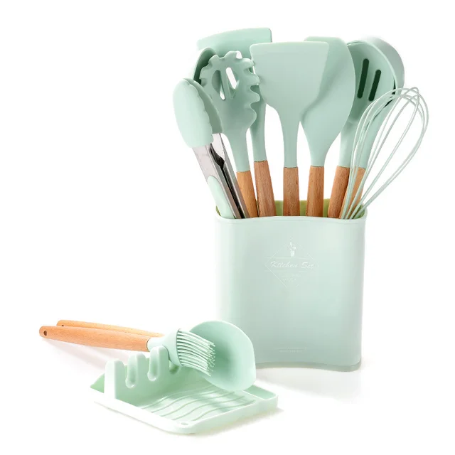 Kitchen Wooden Handle Kitchenware Set With Storage Square Bucket Light Green - Shop at LoveMi
