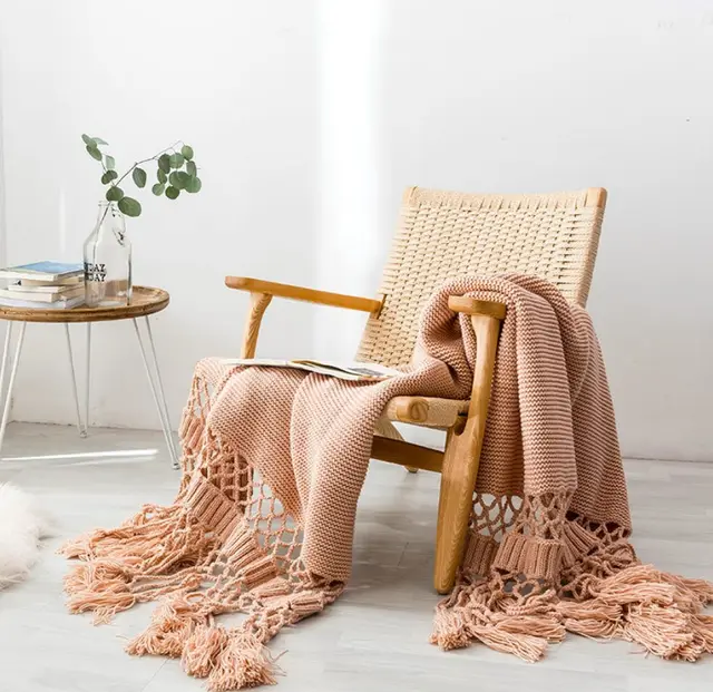 Hand woven tassel knitted blanket Pink - Shop at LoveMi