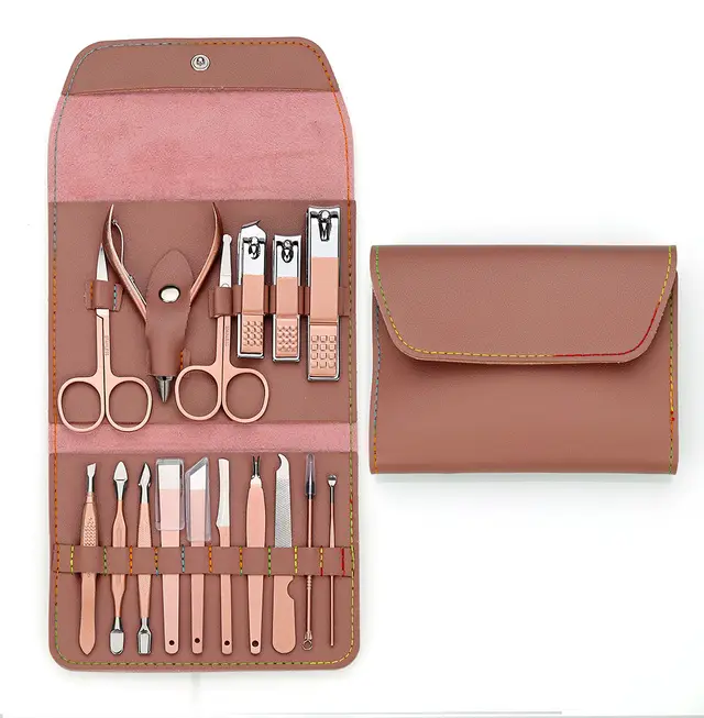 Portable PU Leather Rose Gold Manicure Tool Se 16 Piece Set - Shop at LoveMi