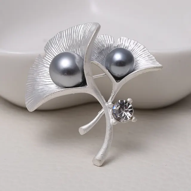Vintage Rhinestone Matte Electroplated Pearl Brooch Ginkgo Leaf Silver - Shop at LoveMi