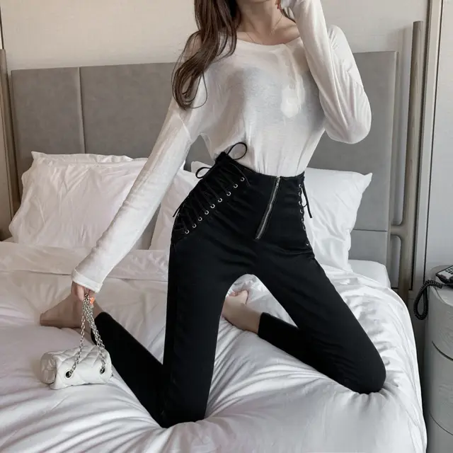 High waist jeans slim skinny cropped pencil pants Black - Shop at LoveMi