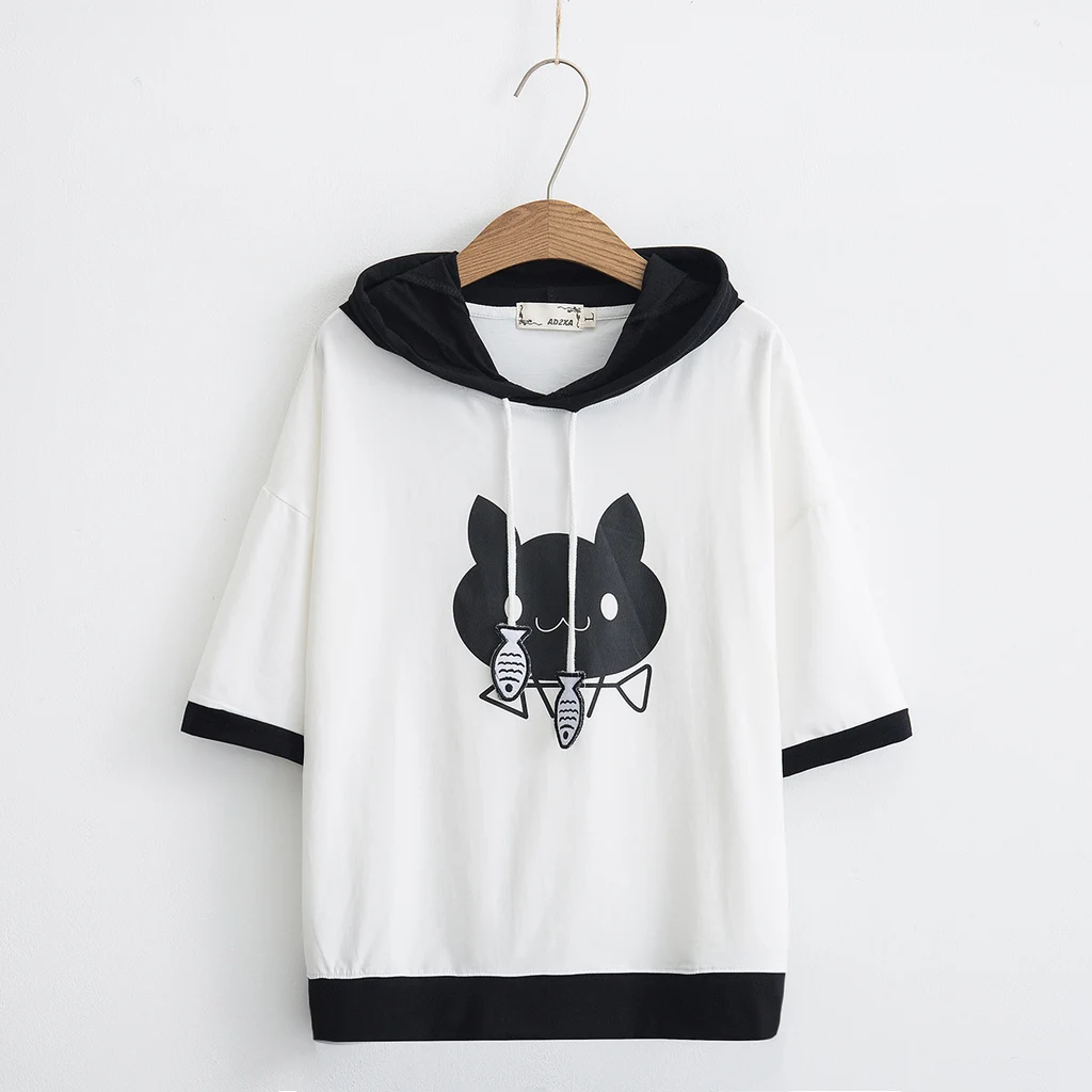 Girly fish bone print color block hoodie - White