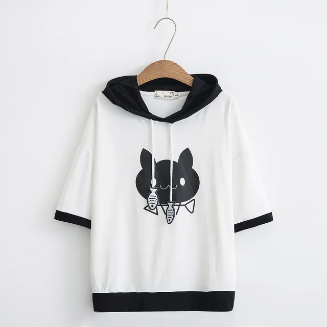 Girly fish bone print color block hoodie White - Shop at LoveMi