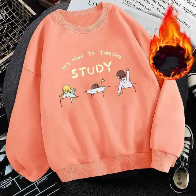 Plus velvet padded sweater women ins round neck sweater Orange1 - Shop at LoveMi