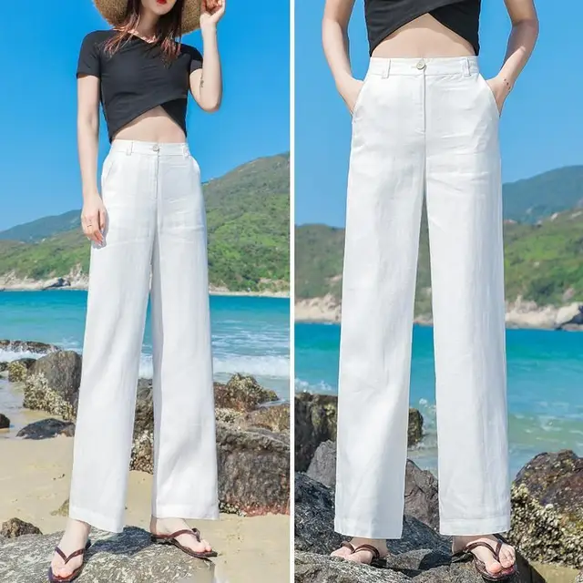 Linen loose straight high waist slimming trousers White - Shop at LoveMi