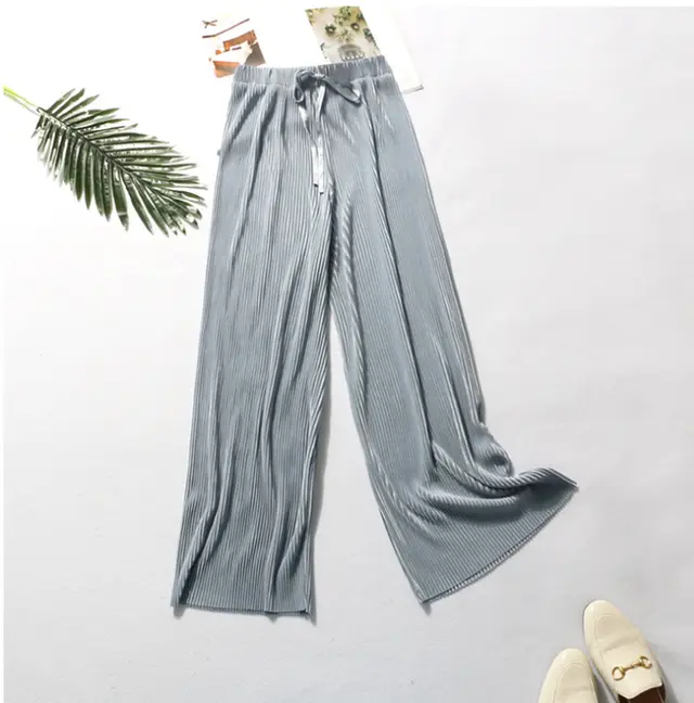 Pleated wide leg pants trousers high waist vertical spring and summer new loose casual pants chiffon trousers ice silk nine points pants Lake Blue - Shop at LoveMi