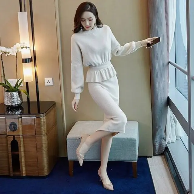 Temperament Goddess Fan Sweater With Long Skirt Two piece Suit Light Apricot - Shop at LoveMi