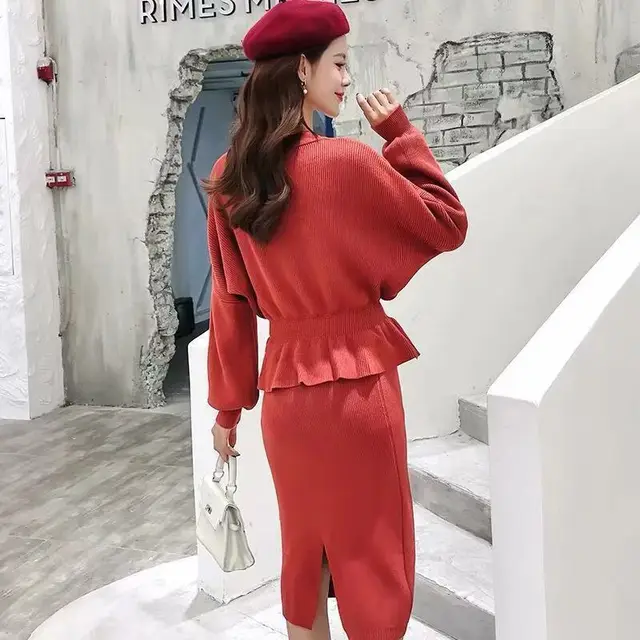Temperament Goddess Fan Sweater With Long Skirt Two piece Suit Red - Shop at LoveMi