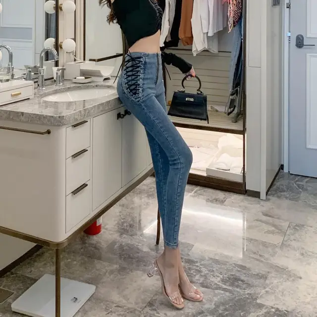 High rise lace up jeans Blue - Shop at LoveMi