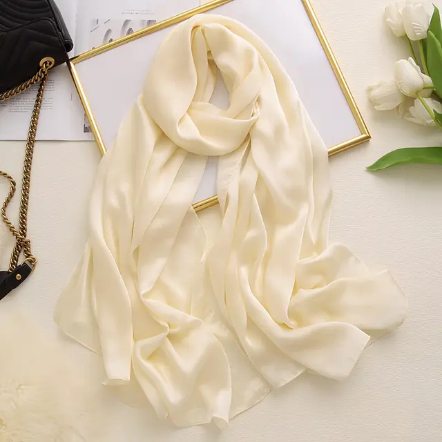 Korean style solid color ladies satin scarf Beige - Shop at LoveMi