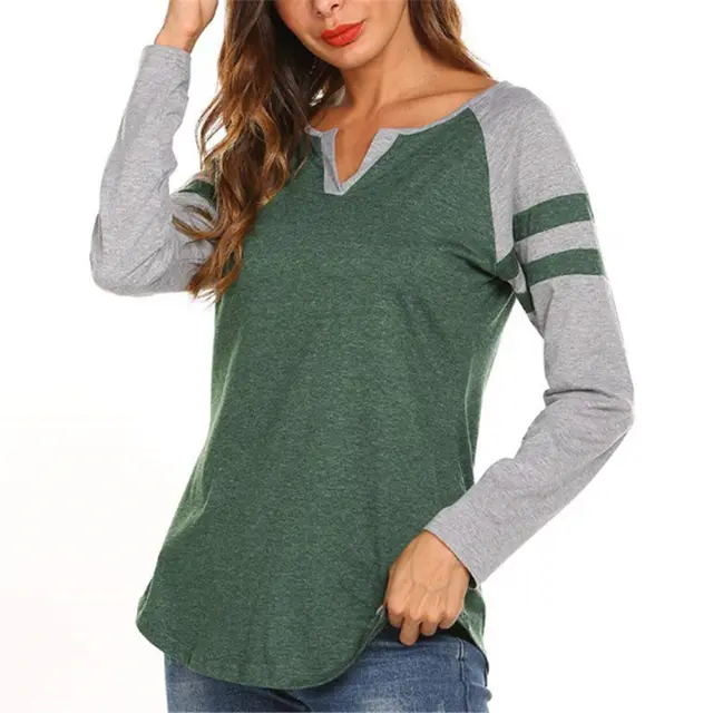 Multicolor Striped Stitching Long Sleeve T shirt Green - Shop at LoveMi