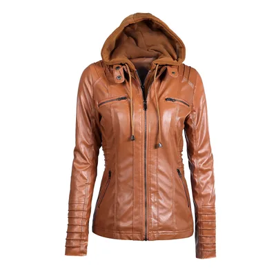 Hooded Faux Leather Jacket Slim Motorcycle Hat Detachable Plus Size 5xl Pu Leather Coat Brown - Shop at LoveMi