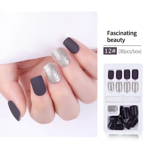 Detachable False Nail Artificial Tips Set Full Cover for Short Decoration Dark Grey Silver - Shop at LoveMi