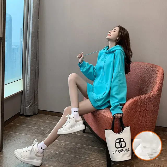 Plush thick hooded loose mid length style Blue - Shop at LoveMi