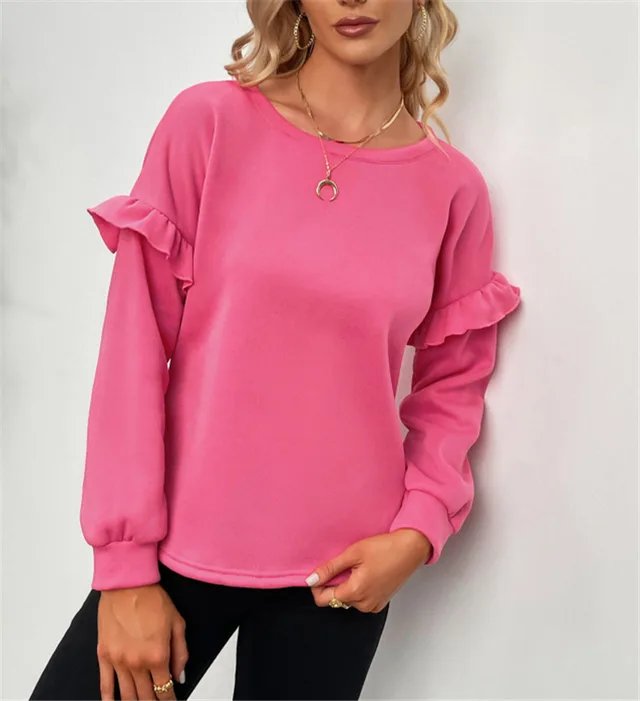 Solid Color Long Sleeved Round Neck Loose Sweater Rose Red - Shop at LoveMi