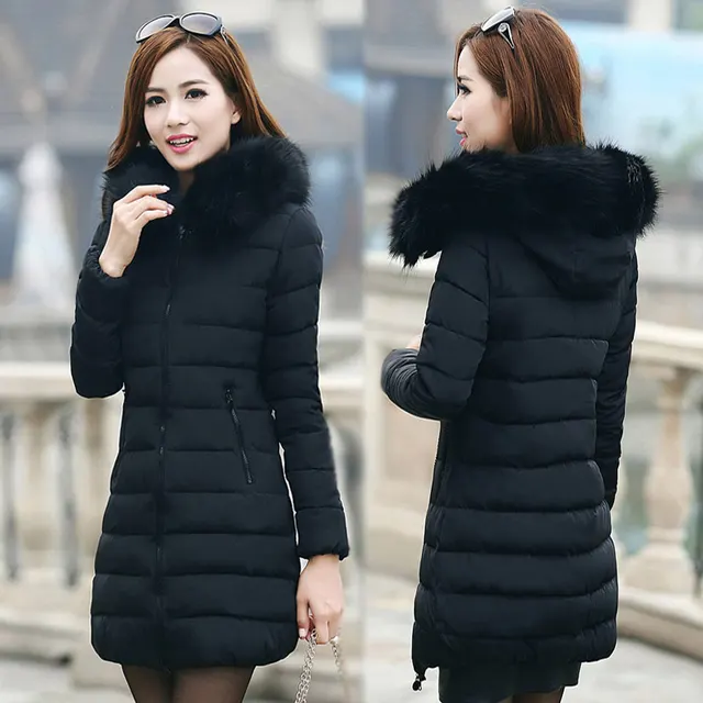 Fur collar mid length thick down cotton Black - Shop at LoveMi
