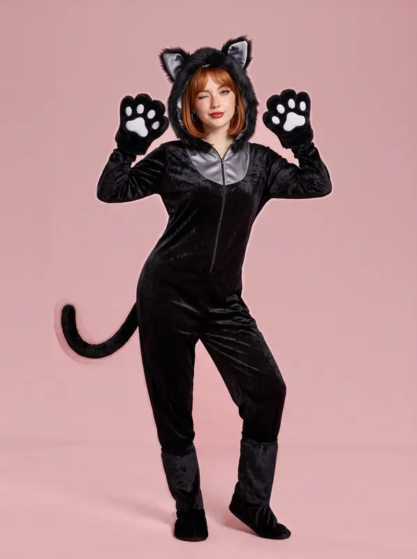 Cat Costume Hooded Jumpsuit with Ears for Women Black - Shop at LoveMi
