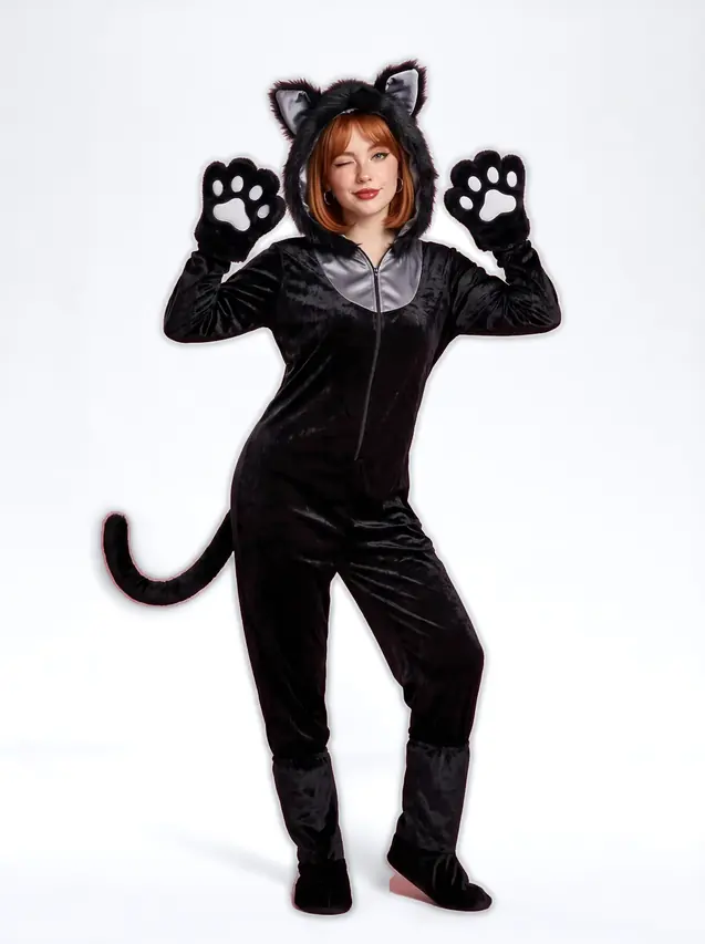 Cat Costume Hooded Jumpsuit with Ears for Women Black - Shop at LoveMi