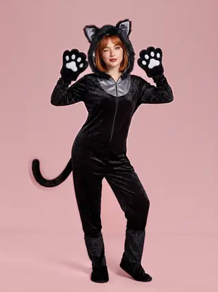 Cat Costume Hooded Jumpsuit with Ears for Women - Black