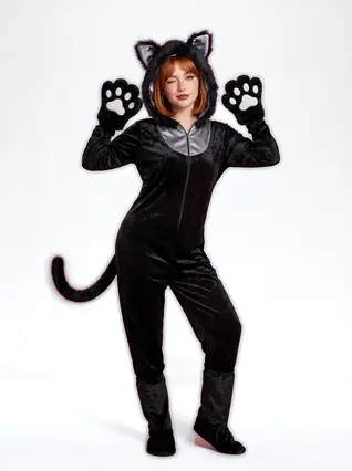 Cat Costume Hooded Jumpsuit with Ears for Women - Black