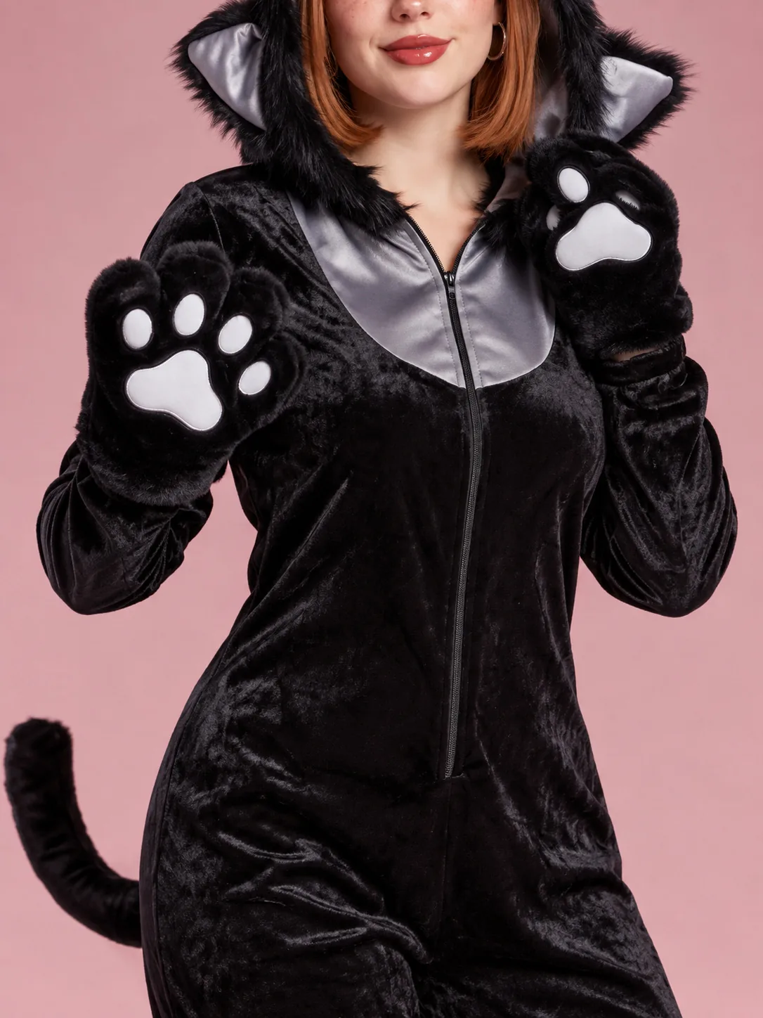 Cat Costume Hooded Jumpsuit with Ears for Women - Black - View 3