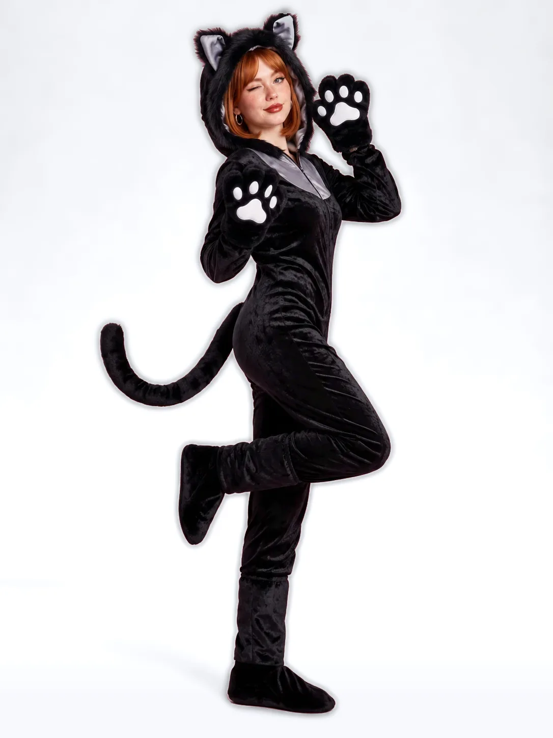 Cat Costume Hooded Jumpsuit with Ears for Women - Black - View 2