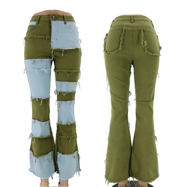 Patchwork high rise flared jeans Green - Shop at LoveMi
