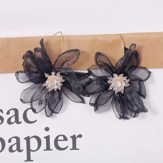 Gentle Mesh Fairy Flower Crystal Earrings Black - Shop at LoveMi