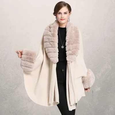 Oversized loose fox fur collar knitted cardigan Beige - Shop at LoveMi