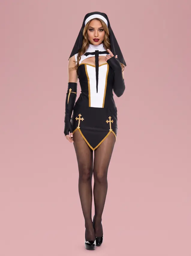 Nun Costume Mini Dress with Headpiece for Women Black - Shop at LoveMi