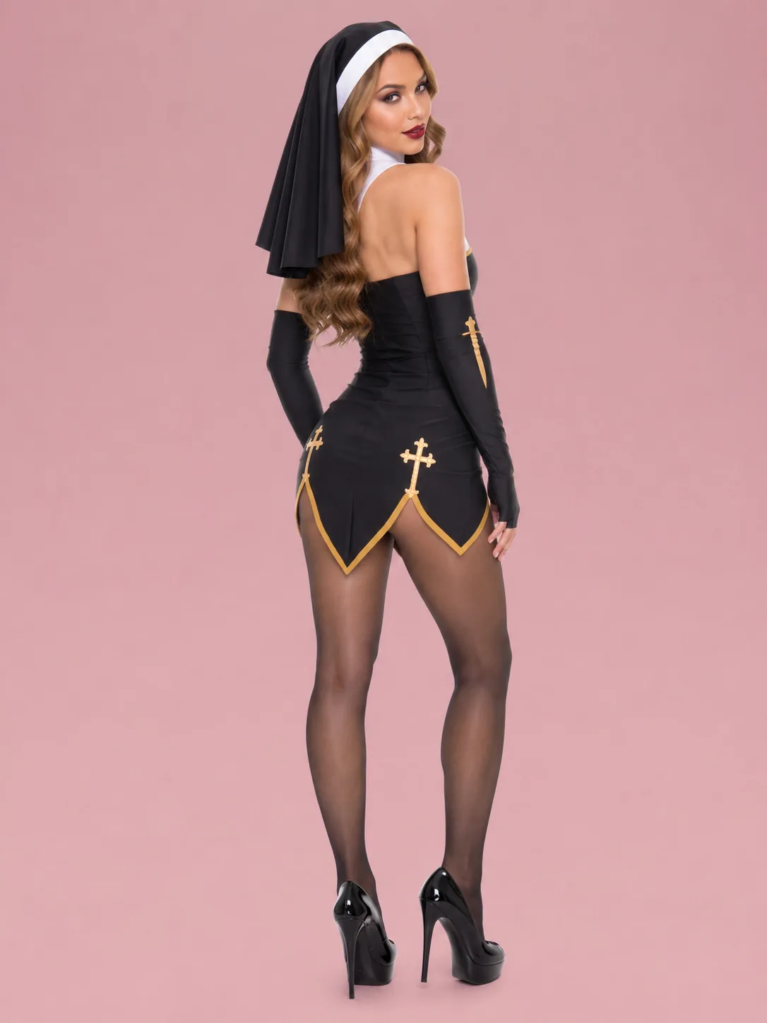 Nun Costume Mini Dress with Headpiece for Women - Black - View 2